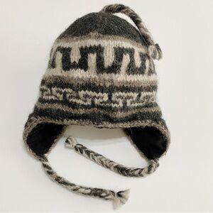Vintage 80s, Nepal Child's Wool Knit, Grey GeometricTasseled Winter Beanie Hat